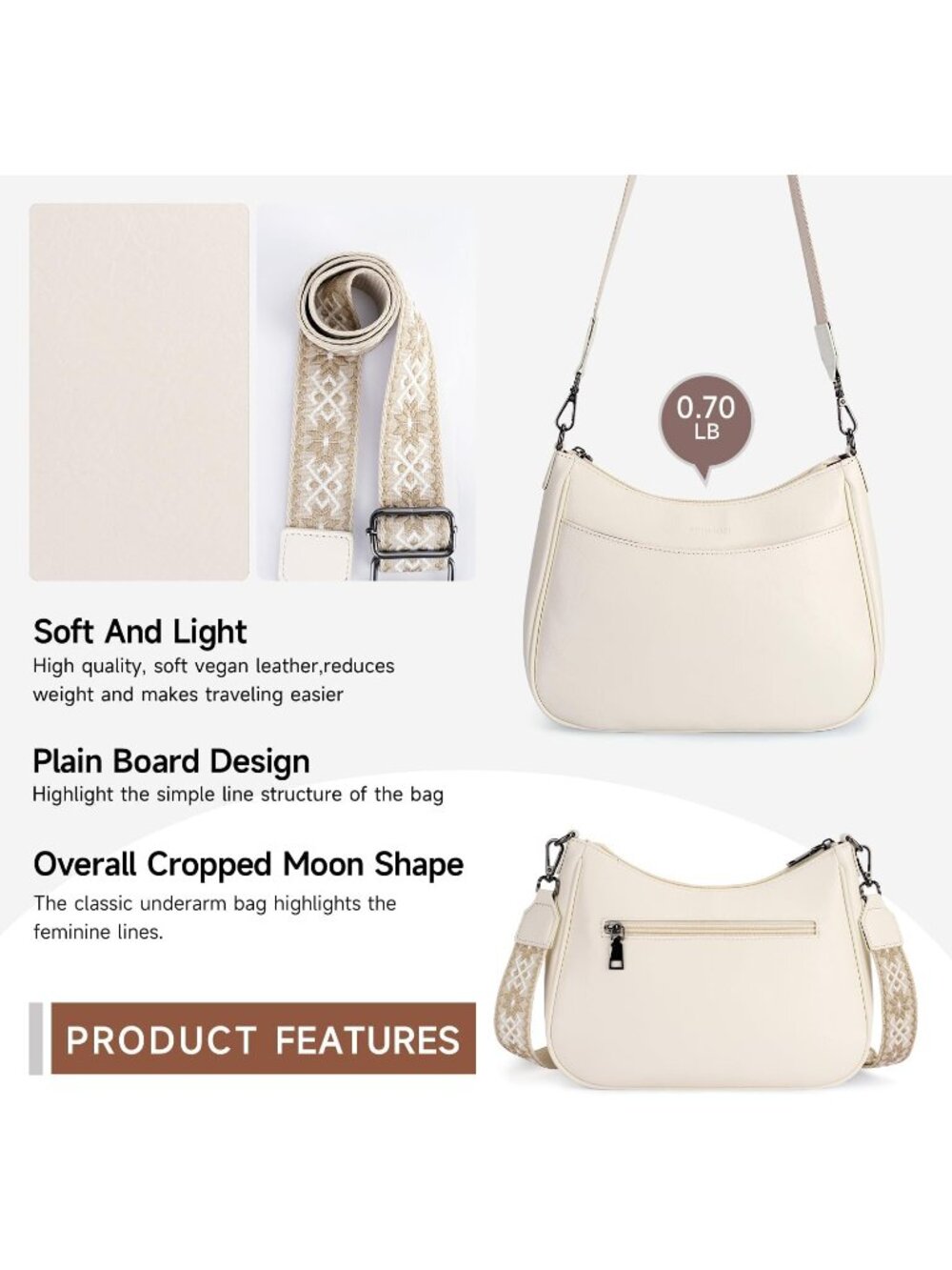 👜Women's White Leather Crossbody Purse Shoulder Bag Wide Strap Travel - Picture 5 of 6
